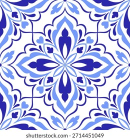 Patrón mediterráneo sin costuras en colores azules. Azulejo étnico, diseño de mosaico de motivos portugueses, sicilianos, italianos, españoles. Ornamento para textiles para el hogar o cerámica. Ilustración vectorial