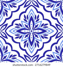 Patrón mediterráneo sin costuras en colores azules. Azulejo étnico, diseño de mosaico de motivos portugueses, sicilianos, italianos, españoles. Ornamento para textiles para el hogar o cerámica. Ilustración vectorial