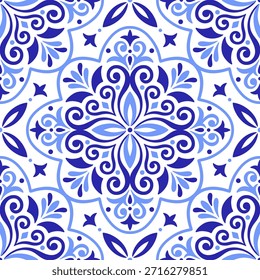 Patrón mediterráneo sin costuras en colores azules. Azulejo étnico, diseño de mosaico de motivos portugueses, sicilianos, italianos, españoles. Ornamento para textiles para el hogar o cerámica. Ilustración vectorial