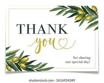 Mediterranean Thank You Card with olive branches. Perfect for invitations, cards with gratitude, decoration for presents and drinks. Italian theme beach party. Vector illustration.