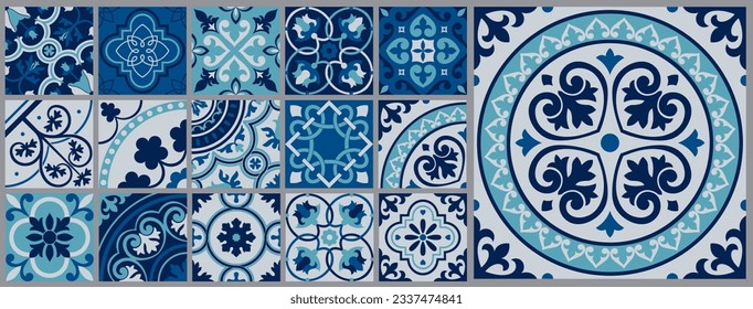 Abstrakte geometrische Blumenmuster aus mediterranen Fliesen. Portugiesische Kultur auf Blau und Weiß. Spanische Majolika Fliesenmuster. Vektorgrafik.