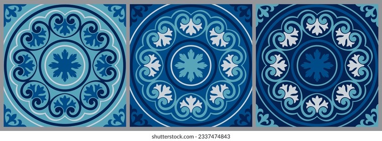 Mediterranean tile abstract geometric floral patterns. Portuguese culture, in blue and white. Spanish majolica tile pattern. Vector illustration.
