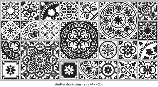 Mediterranean tile abstract geometric floral patterns. Portuguese culture, in black and white. Vector illustration