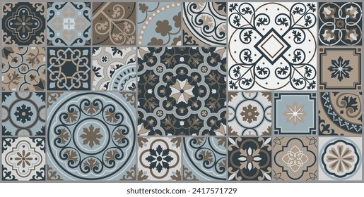 Mediterranean tile abstract geometric floral patterns. Portuguese culture, in blue and white. Vector illustration