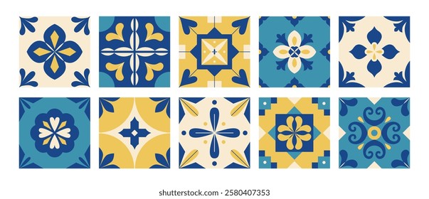 Mediterranean tile blue pattern. Azulejos. Floral geometric arabesque. Italian, Portuguese, Spanish, Greek tiles background in traditional style. Wall and floor interior design. Mosaic. Vector.