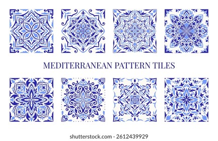 Mediterranean tile, blue seamless pattern with white background.  Spanish, Portuguese, or Moroccan traditional ornaments. Set of floral mosaic design with geometric ethnic motifs for ceramic, vector