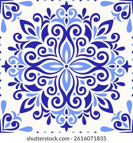 Mediterranean tile, blue seamless pattern. Spanish, Portuguese, or Moroccan traditional ornament. Floral mosaic design with geometric ethnic motifs for ceramic. Vector illustration