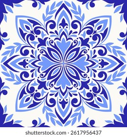 Mediterranean tile, blue seamless pattern. Spanish, Portuguese, or Moroccan traditional ornament. Mosaic floral design with leaves, ethnic motifs for ceramic. Vector illustration