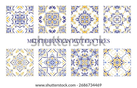 Mediterranean tile, blue yellow seamless patterns, no background. Spanish, Sicilian, Portuguese, Italian traditional ornaments. Set of floral mosaic designs with ethnic motifs for ceramic, vector