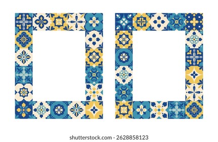 Mediterranean tile card with place for text. Wedding invitation. Ornamental frame and border pattern. Portugal, Mexican, Italian, Moroccan, Turkish, Spanish background. Poster, flyer, cover. Vector.