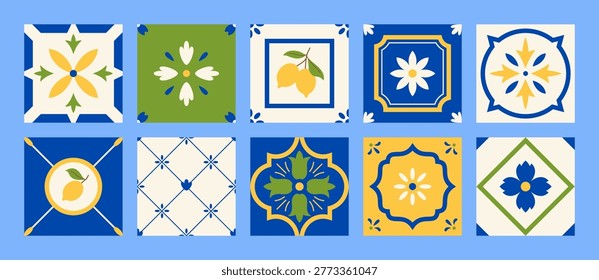 Mediterranean tile. Mosaic collection. Vector summer Amalfi Colored ceramic tiles pattern, square picture with floral ornament and lemons. Abstract Italian paint art. Interior design decoration