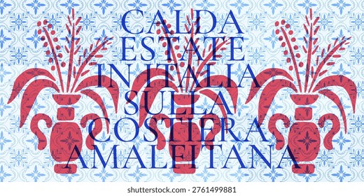 Mediterranean tile pattern. Italian blue and red mosaic banner with watercolor floral vases and greek ceramic ornaments. Sicilian majolica design with baroque borders and vintage typography.