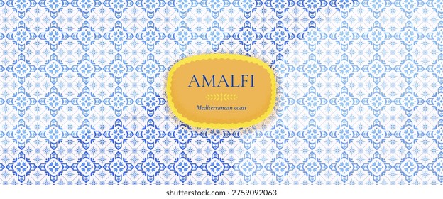 Mediterranean tile pattern with Italian ceramic mosaic design. Watercolor blue ornament inspired by Amalfi coast. Perfect for summer backgrounds, banners, and decorative tile projects.