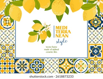 Mediterranean tile pattern with lemons in a frame. A set of traditional Mediterranean tiles. Illustrated vector clipart. Hand draw no ai.