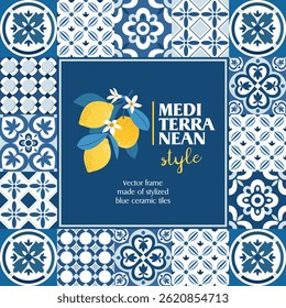Mediterrane tegelpatroon op een vierkant frame. Gestileerde mediterrane blauwe tegels in de vorm van een frame. Geïllustreerde vector clipart. Handtrekking op lucht