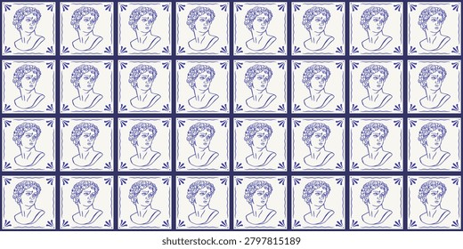 Mediterranean tile pattern with repeating blue and white square tiles, each tile showing a sculpture, curled lines, dotted details and thin borders arranged in a clean grid on white background.