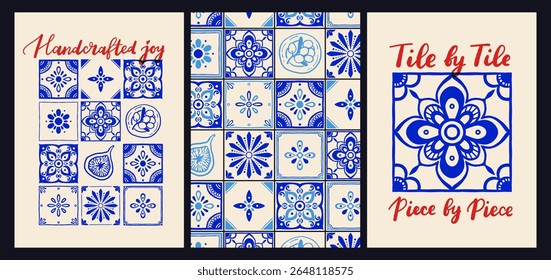 Cartaz vetor padrão azulejo mediterrâneo com citação italiana em azul e vermelho no fundo bege, decoração de cozinha de verão dolce vita