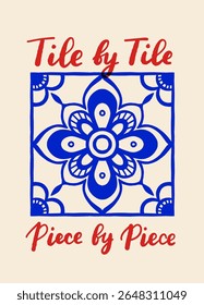 Cartaz vetor padrão azulejo mediterrâneo com citação italiana em azul e vermelho no fundo bege, decoração de cozinha de verão dolce vita