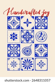Cartaz vetor padrão azulejo mediterrâneo com citação italiana em azul e vermelho no fundo bege, decoração de cozinha de verão dolce vita