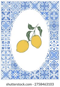 Mediterranean tile poster template with blue azulejo pattern and yellow lemons