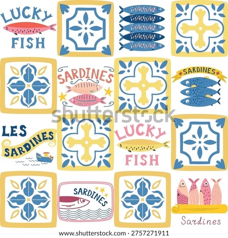 Mediterranean tile and sardines fish seamless pattern. Italian summer patchwork, mosaic print with ceramic ornament, seafood Vector hand drawn textile design, background, wallpaper, wrap paper
