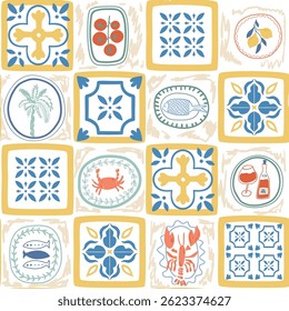 Mediterranean tile seamless pattern. Italian summer patchwork, mosaic print with ceramic ornament, lobster, sardine, tomatoes, wine, palm tree. Vector hand drawn textile design, background, wallpaper