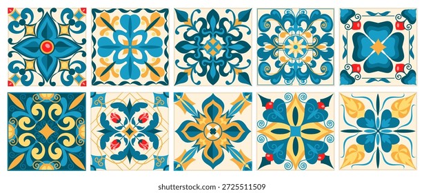 azulejos mediterrânicos. Azulejo estilo, padrões fechados em formas quadradas, português, cerâmica turca ou espanhola, ornamentos florais geométricos, oriental arabesco decoração vetor esplêndido conjunto isolado
