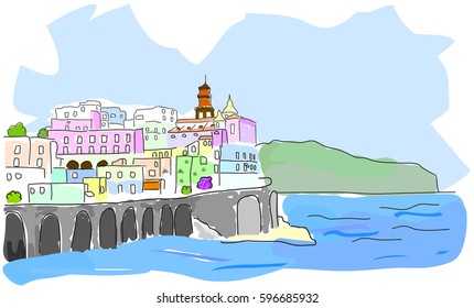 Mediterranean town. Sketch of sea town in watercolor style. Vector illustration