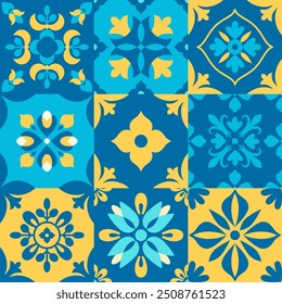 Mediterranean traditional folk seamless pattern. Blue and yellow tiles background. Italian, Portuguese, Spanish ethnic ornament. Mosaic. Vector digital paper, wallpaper.