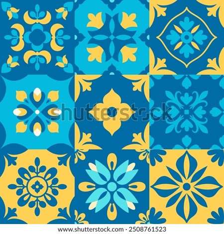 Mediterranean traditional folk seamless pattern. Blue and yellow tiles background. Italian, Portuguese, Spanish ethnic ornament. Mosaic. Vector digital paper, wallpaper.