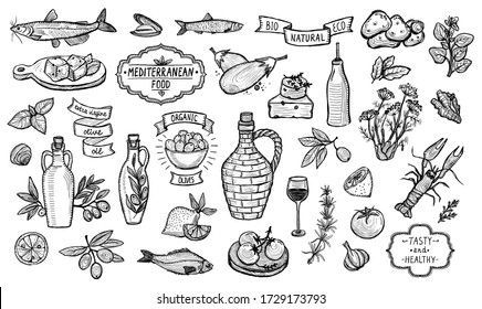 Mediterranean traditional food collection, graphic vector illustration, European food ingredients - olive oil, vegetables, cheese, herbs and seafood. Labels and lettering ribbons included