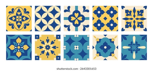 Padrão tradicional mediterrânico. azulejos gregos, italianos, portugueses, espanhóis, azuis e amarelos. Fundo quadrado geométrico floral. Design de interiores de parede e piso. Costa de Amalfi. Mosaico. Vetor.