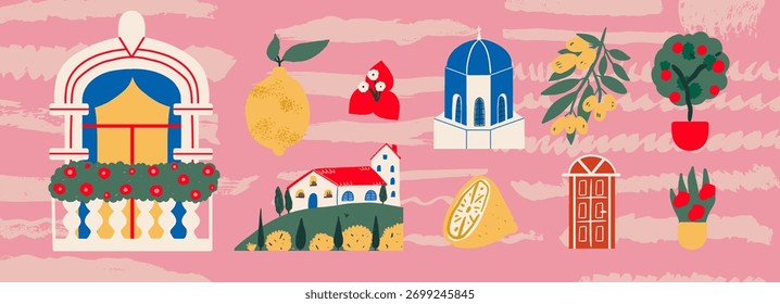 Mediterranean vector hand drawn set. European   drawing elements. Travel illustrations.Vacation stickers. Summer collection. Italian and Greek print design 