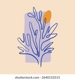 Mediterranean vibe modern leaf or coral organic wavy painting and abstract simple shapes colorful collage poster design vector illustration. Clip-art contemporary nature botanical mid century