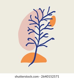 Mediterranean vibe modern leaf or coral organic wavy painting and abstract simple shapes colorful collage poster design vector illustration. Clip-art contemporary nature botanical mid century