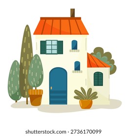 Mediterranean villa house with cypress trees and garden, vector illustratio