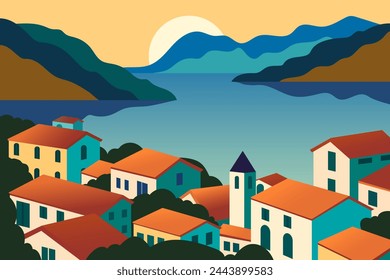 Mediterranean village by the sea. A beautiful fishing village on the seashore. Tourist town with old houses and clay roof against sunset background. Rest and vacation.