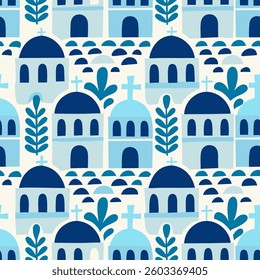 Mediterranean Village Seamless Pattern, vector illustration 