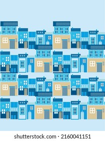 Mediterranean village - seamless vector border pattern, blue pastel 
 houses