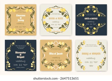 Modelos de convite de casamento mediterrâneo com limões. Estilo Art Nouveau. Vetor.