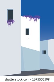 Mediterranean white houses with purple flowers