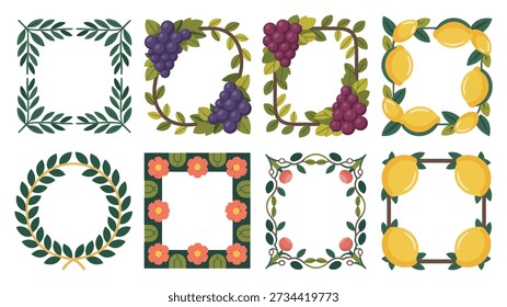 Mediterranean wreath and frame set, grape vine squares, lemon circle borders, holiday kitchen labels, recipe cards, culinary event vector