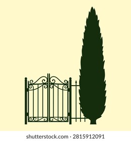 Mediterranean wrought iron gate and cypress tree silhouette graphic illustration.