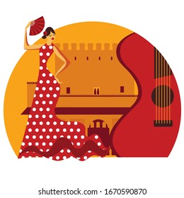 mediterranian stylized emblem with Alhambra, woman dancing falmenco and guitar, spanish vector symbols