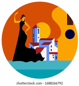 mediterranian stylized emblem with white town, woman dancing falmenco and guitar, spanish vector symbols