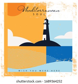 Meditterranean Lighthouse Sunny Wave Color Block Tshirt Graphic