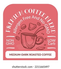 Medium dark roasted coffee, premium blend allergen free and non gmo products for preparing and brewing tasty and organic drinks. Low carb mix. Label or banner or packages. Vector in flat style