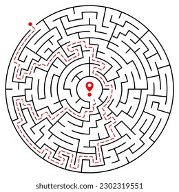 Medium Difficulty Circular Maze Illustrations with Solution.The vector illustration depicts a circular labyrinth of medium complexity designed for puzzles.