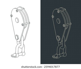 Medium duty suspended single reel hanging sheave block isometric blueprints