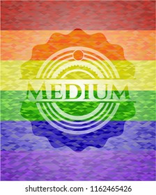 Medium emblem on mosaic background with the colors of the LGBT flag